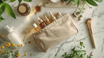 ai generado un maquillaje bolso conteniendo natural cosmético productos sobre el escritorio foto