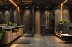 ai generado un moderno baño con de madera acentos y gris paredes foto