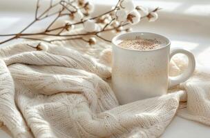 AI generated a mug of coffee beside a cotton scarf on a white background photo