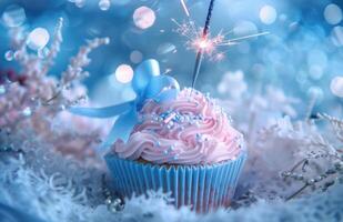 AI generated a pink cupcake with blue ribbon and a sparkler photo