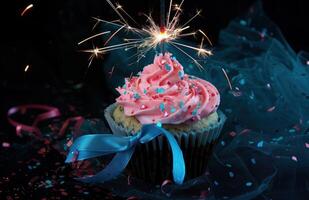 AI generated a pink cupcake with blue ribbon and a sparkler photo