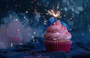 AI generated a pink cupcake with blue ribbon and a sparkler photo