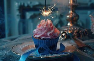 AI generated a pink cupcake with blue ribbon and a sparkler photo