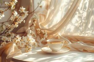 AI generated a table with a cup rimed in gold and another table with coffee and flowers photo