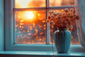 AI generated A vase filled with fluffy dried flowers sits on a window sill photo