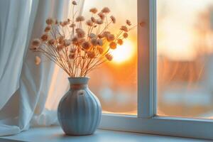 AI generated A vase filled with fluffy dried flowers sits on a window sill photo