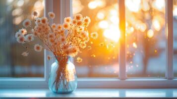 AI generated A vase filled with fluffy dried flowers sits on a window sill, illuminated by the sunset photo