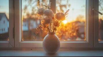 ai generado un florero lleno con mullido seco flores se sienta en un ventana umbral, iluminado por el puesta de sol foto