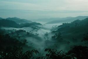 AI generated a view of a valley surrounded by fog photo