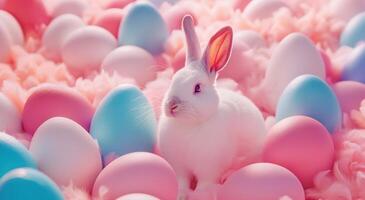 AI generated a white rabbit is standing in a crowd of pink and blue eggs photo