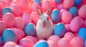 ai generado un blanco Conejo es en pie en un multitud de rosado y azul huevos foto