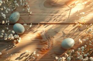 AI generated a wooden table top with two easter eggs and flowers photo