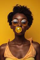 ai generado de moda joven mujer soplo un burbuja goma en contra un vívido amarillo fondo. foto