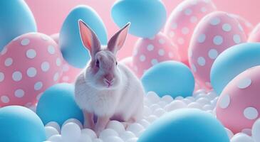 AI generated an easter rabbit stands next to some blue and pink eggs photo