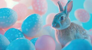 ai generado un Pascua de Resurrección Conejo soportes siguiente a algunos azul y rosado huevos foto