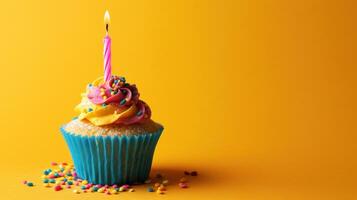 AI generated birthday minimalist vivid background with cupcake with candle photo