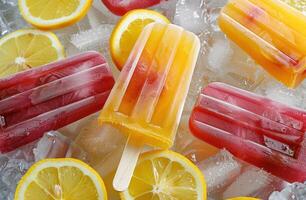AI generated bright orange and yellow popsicles with lemon slices and ice photo