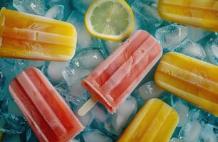 AI generated bright orange and yellow popsicles with lemon slices and ice photo