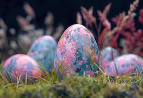 AI generated colored easter eggs in grass on background photo