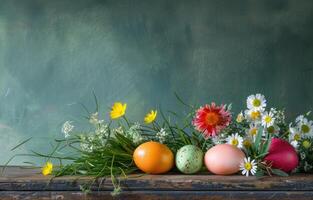 AI generated colorful easter eggs, flowers and grass on wooden table photo