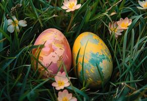 ai generado de colores Pascua de Resurrección huevos en césped en antecedentes foto