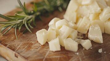 AI generated Diced cheese lies on a wooden board next to a sprig of rosemary photo