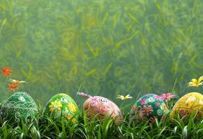 AI generated colorful eggs sitting in the grass photo