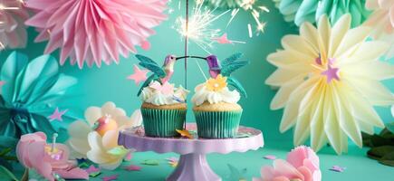 AI generated cupcakes decorated with sparklers and hummingbirds photo