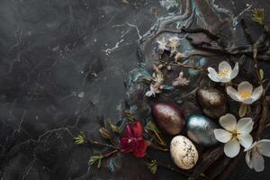ai generado Pascua de Resurrección con vistoso huevos, vainilla y otro flores en un oscuro mármol mesa foto