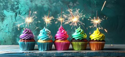 AI generated five colorful cupcakes are standing with sparklers photo