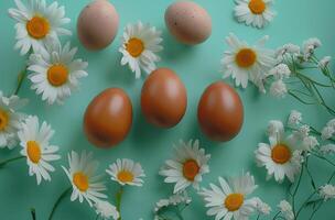 AI generated four brown easter eggs on green colored background photo