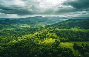 AI generated forest green aerial footage shot just before storm clouds come over mountain in the summer time photo