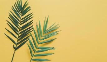 AI generated green palm leaf at yellow background with two leaves green leaf photo