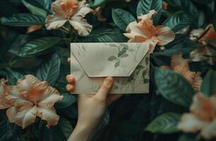 AI generated hand holding an envelope with flowers and leaves photo