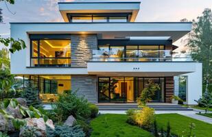 AI generated modern house with modern glass facades and a spacious garden photo