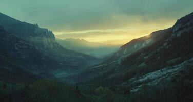 ai generado montañas y Valle ver con el puesta de sol foto