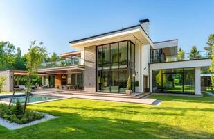 AI generated modern house with modern glass facades and a spacious garden photo