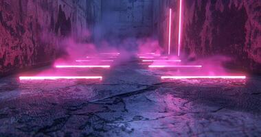 AI generated neon light arrows on a concrete floor with pink and purple lamps photo