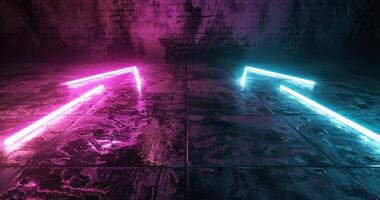 AI generated neon light arrows on a concrete floor with pink and purple lamps photo