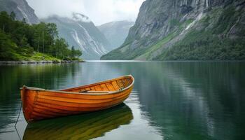 ai generado Noruega barco en un lago foto