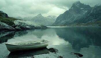 ai generado Noruega barco en un lago foto