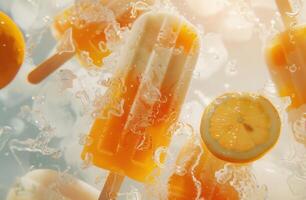 AI generated popsicle, orange popsicles, lemon popsicles on, photo