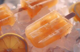 AI generated popsicle, orange popsicles, lemon popsicles on, photo