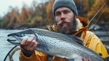 ai generado pescador con Fresco captura en otoño río foto