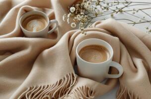 AI generated tan scarf on white white background with cups of coffee and flower buds photo