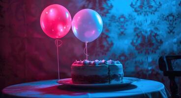 ai generado el pastel en un plato junto a dos iluminado arriba globos foto