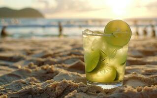 AI generated the new caipirinha, featuring fresh lime juice, on the beach photo