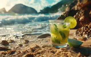 ai generado el nuevo Caipirinha, presentando Fresco Lima jugo, en el playa foto