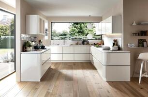 AI generated white cabinets and wood flooring in kitchen photo