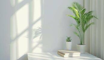 AI generated white living room with green plants and a book photo